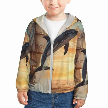 

Vsdgher Sailing Dancing Dolphin Kids Sun Protection Hoodie with Zip Rash Guard Tops Children s Long Sleeve Sun Protection Clothing - 3 Years