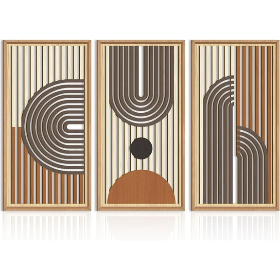 Large Mid Century Modern Wall Art Framed Abstract Geometric Wall Art Set of 3 Wood Boho Wall Decor for Living Room Bedroom Office 16 x32 Inch