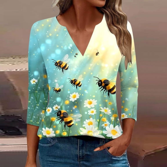 SOOMLON 3/4 Sleeve Tops for Women Plus Size Tunic Cotton Bee Festival Tops Casual V Neck Shirts Funny Honey Bee Print T Shirts 2025 Trendy Spring Summer Ladies Tops Loose Fit Outfits Pullover XL