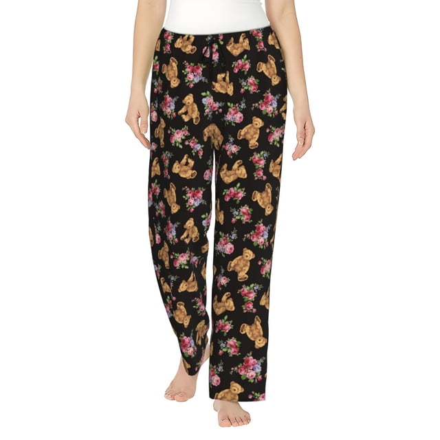 Fotbe Rose Flower Bear Pantalones de Pijama para Mujer, Pantalones de Dormir, Pantalones Pj con Cordón y Bolsillos-Small