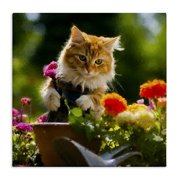 Stupell Industries Spring Gardener Kitten Animals & Insects Painting Gallery Wrapped Canvas Art Print Wall Art, 17 x 17