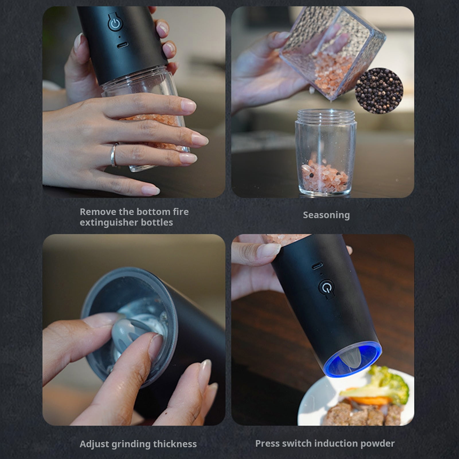 Electric Salt Pepper Grinder Set 6oz Capacity Adjustable Coarseness Pepper Shaker LED Light One Hand Operated Spice Grinder,Silver