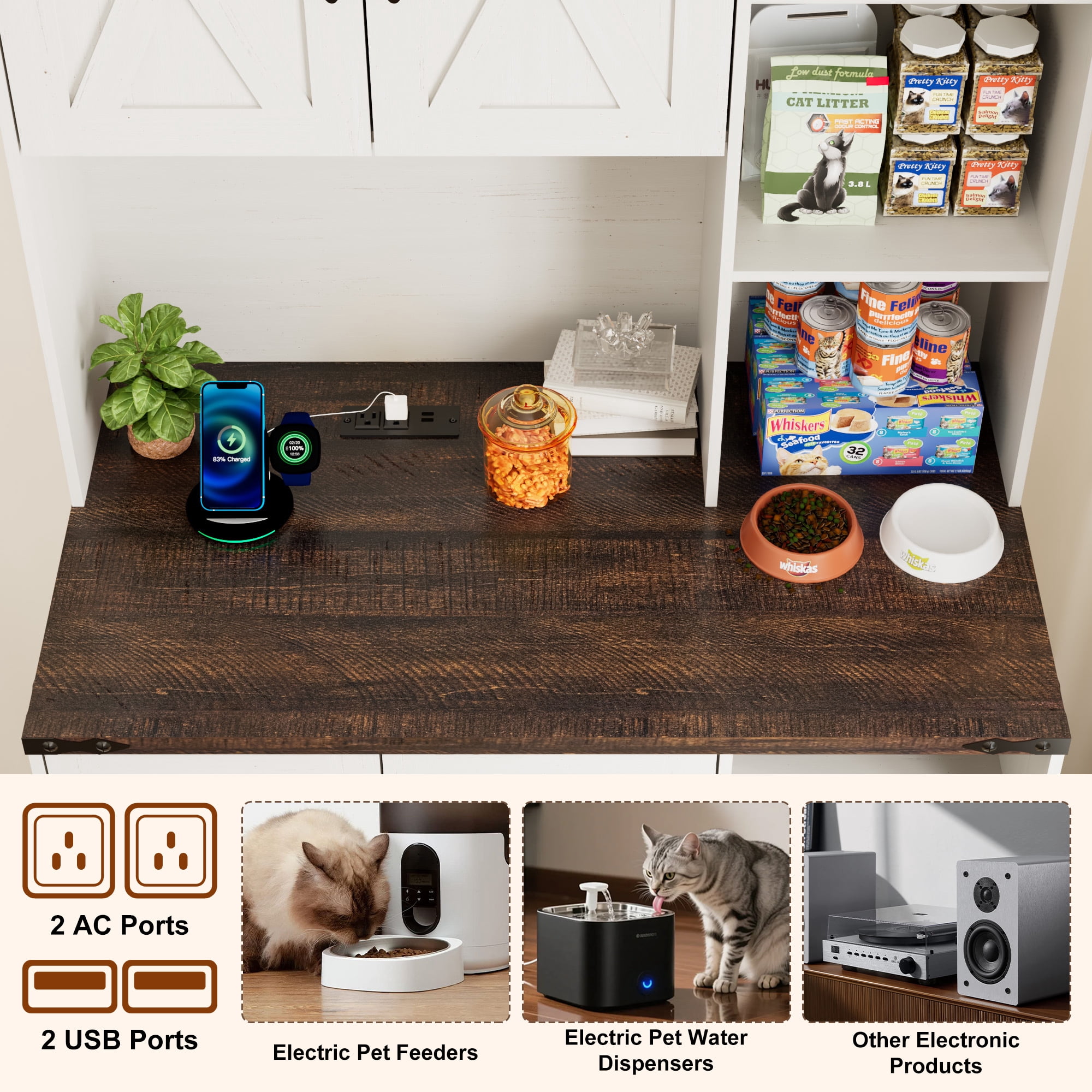 Blotout 71" Tall Farmhouse Cat Litter Box Enclosure W/Open Shelves & Doors, Wooden Cat Litter Box Furniture for Self-Cleaning Litter Boxes, Large Hidden Litter Box Furniture W/ Power Outlets, Locks