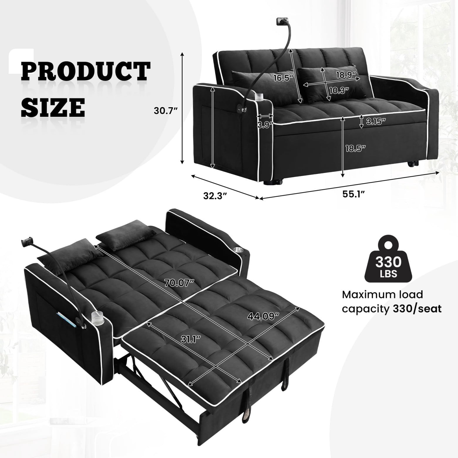 55" 3 in 1 Convertible Sofa Bed with Phone Holder, Loveseat Couch with Pull Out Bed, Space-Saving Apartment Sofa, Black