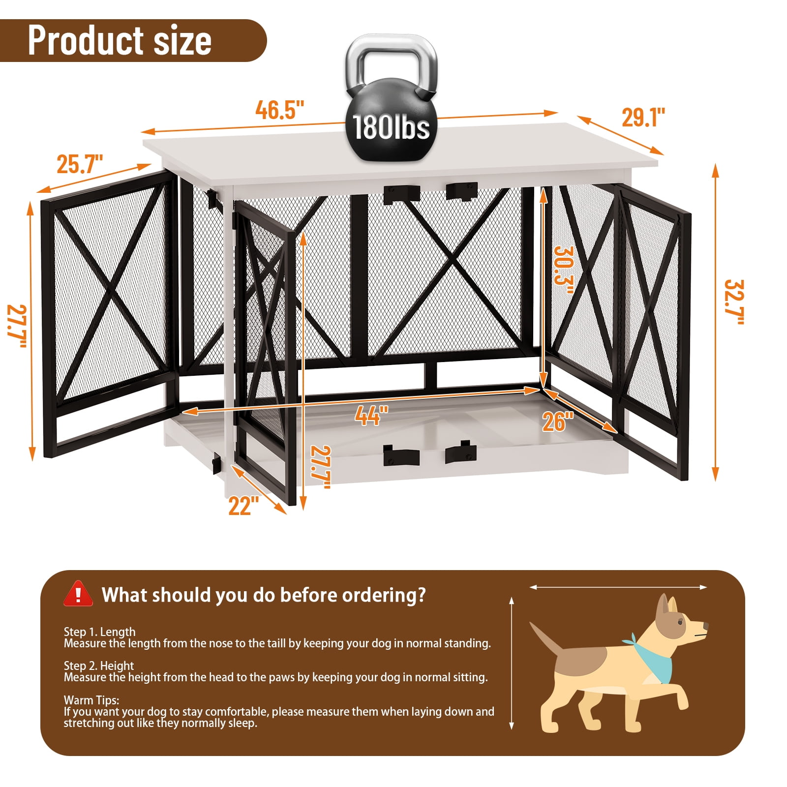 48 inch Extra Large Dog Crate Furniture,Double Door Indoor Kennel,End Side Table Wooden Dog Crates,Anti-Chew Anti-Escape, White