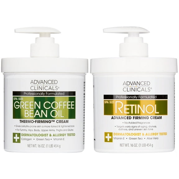Advanced Clinicals Green Coffee Bean Body Cream and Firming Retinol Body Lotion. Two 16 fl oz