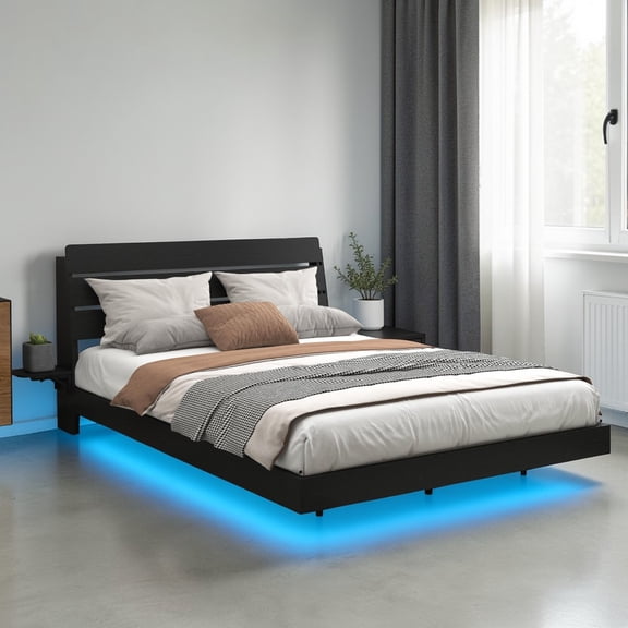 GZXS Queen Size Floating Platform Bed with RGB Lights & Charging Station, Modern LED Bed Frame with Storage Headboard and Foldable Side Tables, Black