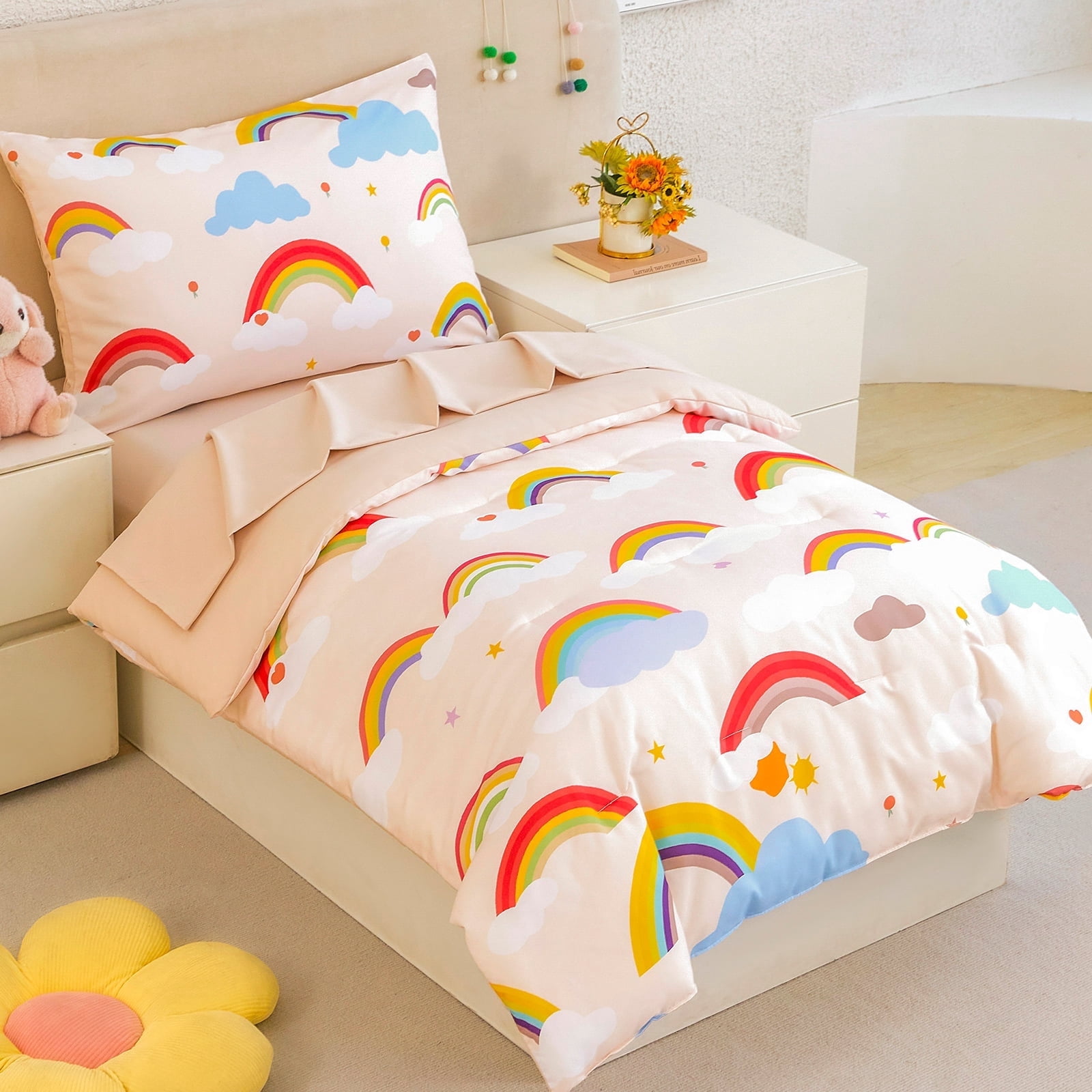 ZRNBAST 4 Piece Toddler Bedding Set, Rainbow Clouds Kids Crib Toddler Comforter Set for Girls, Beige