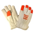 thumbnail image 2 of 12-Pack of Cordova 8255WYHL Premium Grain Cowhide Driver Work Gloves, Thinsulate Lined, Shirred Elastic Back, Hi-Vis Orange Fabric Finger Tips, Keystone Thumb,"Watch Your Hands" Logo, Large, 2 of 2