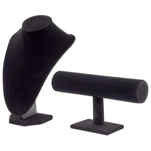 2-Piece Black Velvet Jewelry Display Set with T-Bar Stand and Mannequin Bust