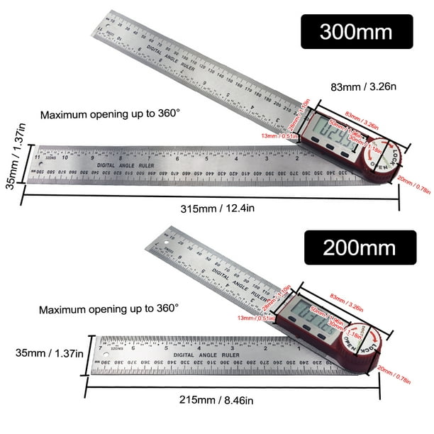 0~200Mm Lcd Screen Digital Ruler Stainless Steel Multifunctional Measuring  Ruler Hold Function 360° Measuring Reverse Measurement High Definition Scale  Length+Angle 2 In 1 Ruler For Woodwork 