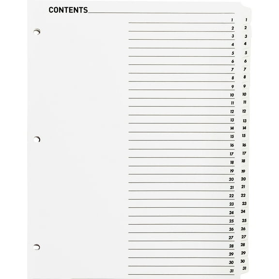 Business Source Table of Content Quick Index Dividers - Printed Tab(s) - Digit - 1-31 - 31 Tab(s)/Set - 8.5" Divider Width x 11" Divider Length - 3 Hole Punched - White Divider - W | Bundle of 5