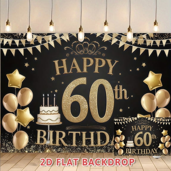 60th Birthday Backdrop Black and Gold Glitter Photography Background Banner for Adult 60 Year Old Birthday Party Decorations Photo Booth Supplies