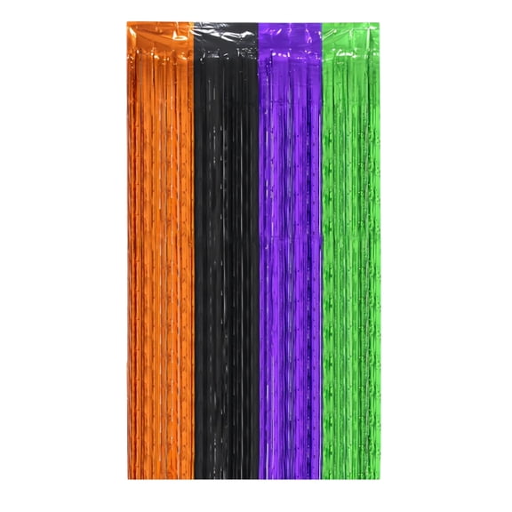 Halloween Foil Fringe Curtain with Orange Black Purple Green Color Bands, Shimmer Wall Backdrop for Party Decorations and Photo Booth Props, Festive Hanging Decorations Door