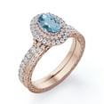 thumbnail image 4 of JeenMata Pave Double Cluster 1.5 Carat Egg Shaped Ocean Blue Created Aquamarine and Moissanite Edwardian Filigree Bridal Set in 18K Rose Gold Plating over Silver, 4 of 6