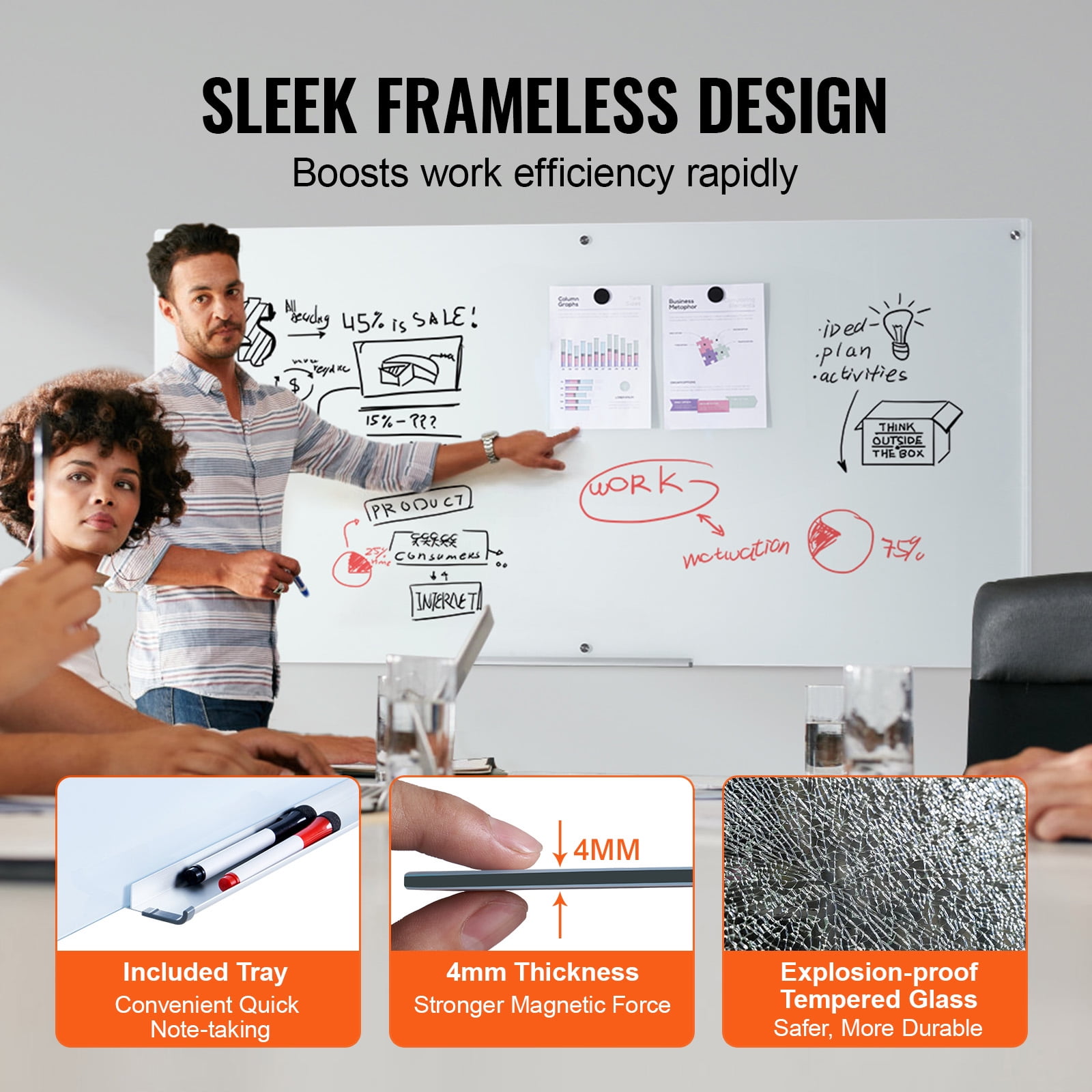 KFFKFF 72" x 36" Magnetic Glass Dry Erase Board Magnetic Mirror Notepad Dry Erase Board Frameless Wall Mount with Tray Large Glass White Board for Office, School & Home