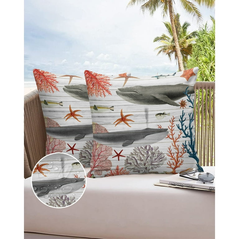Pack of Outdoor Pillow Covers, Whale Ocean Animal Wood Grain