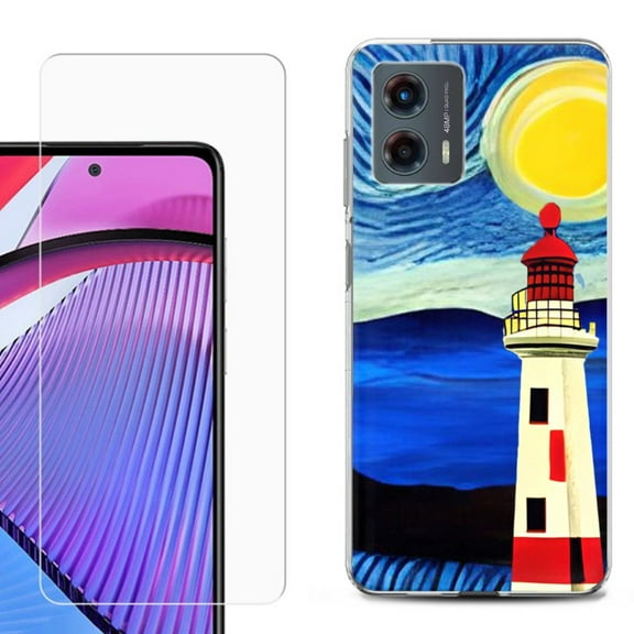 OneToughShield ® Compatible with Motorola Moto G 5G 2023, Shockproof Phone Case, with Tempered Glass Screen Protector - Starry Night Lighthouse