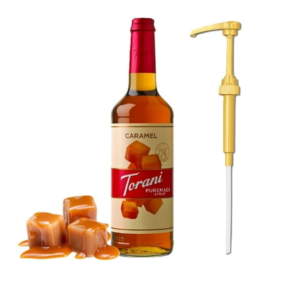 Torani Puremade Caramel Flavouring Syrup, 25.4 fl oz (750ml) Glass Bottle with Absol Gold Pump