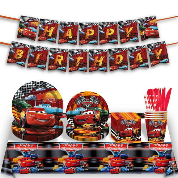Cars Theme Party Decorations Set,Birthday Party Supplies Set Includes Plates, Cups, Napkins, Banner, Tablecloth for Birthdays, Weddings, Celebrations