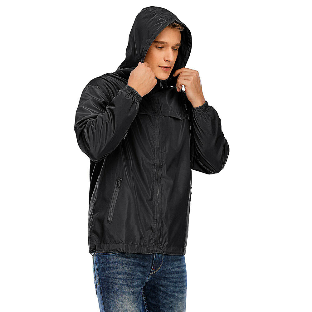Mens Hooded Raincoat Waterproof Jacket Zip Up Long Sleeve Windbreaker