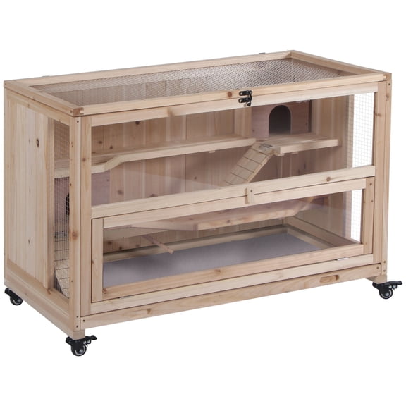 Dog Bed PawHut Extra Large Wooden Hamster Cage and Habitat Playground with 3 Ladders and 2 Huts, Syrian & Dwarf Hamster Small Animal Cage, Wheels, Pull-out Tray, Natural,Orthopedic Dog Bed