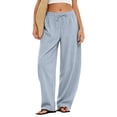 thumbnail image 2 of Petite Linen Pants for Women Striped Casual Comfy Elastic Waist Linen Drawstring Pants Y2k Baggy Flowy Lightweight Work Trousers Gray M, 2 of 6