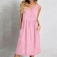 thumbnail image 5 of Beach Dress Sleeveless Travel Vacation Sundress Ladies' Casual And Fashionable Solid Color V-Neck Sleeveless Pocket Dress Pink L, 5 of 6