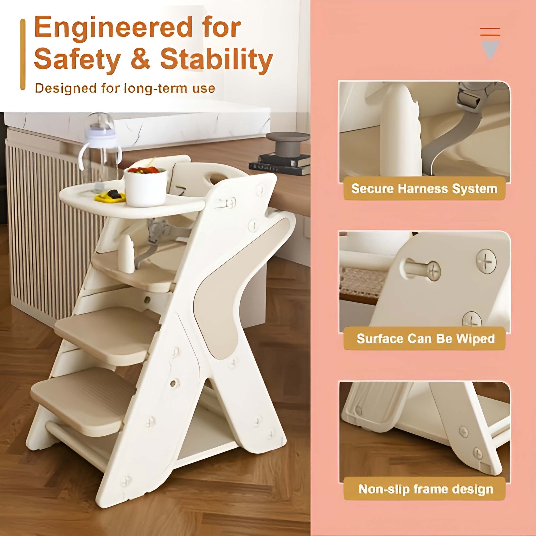 Adjustable Multifunctional High Chair,Child Feeding Seat with 5-Point Safety Harness and Removable Large Tray