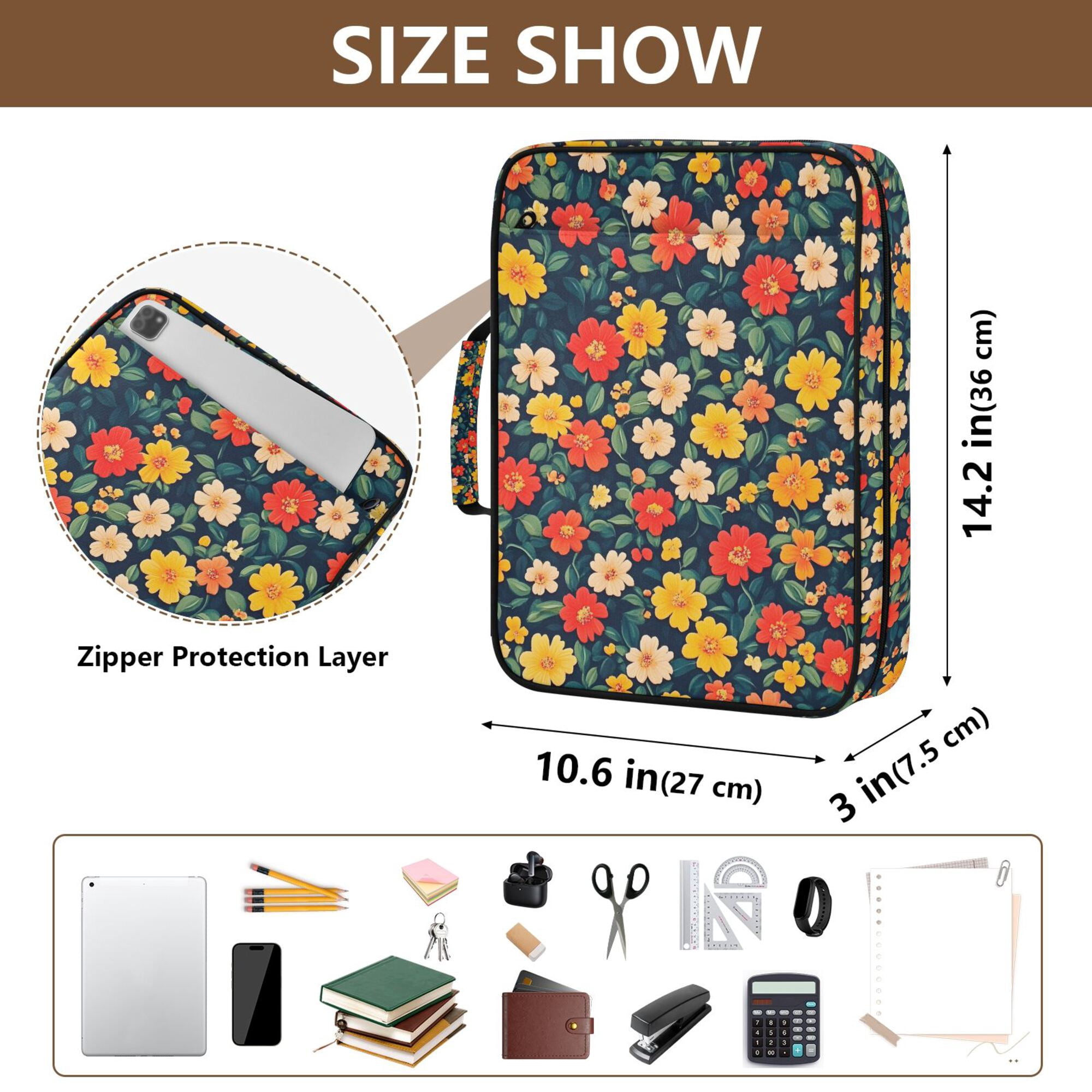 FORMRS Accordion File Folder A4 Size 7-Pocket Expanding Document Organizer Bag with 3 Ring Binder, Vibrant Flowers