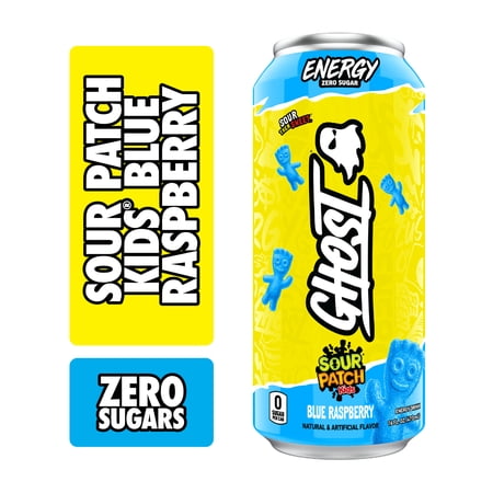 Ghost Zero Sugar Sour Patch Kids Blue Raspberry Energy Drink, 200mg Natural Caffeine, 16 fl oz, Can
