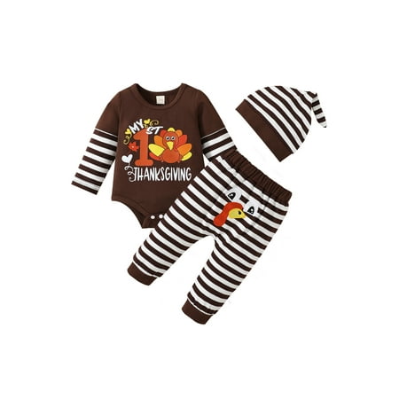 

My 1st Thanksgiving Boys Girl Outfit Turkey Print Long Sleeve Romper Jumpsuit +Striped Pants+Hat Infant Clothes Set