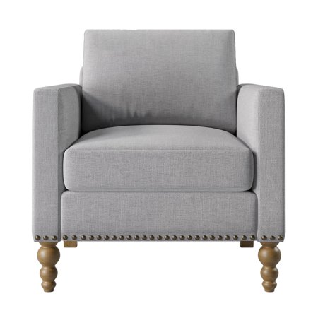 Sofeimi Classic Linen Armchair Accent Chair with Bronze Nailhead Trim Wooden Legs Single Sofa Couch for Living Room  Bedroom  Balcony  Light Gray