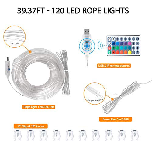 USB Koxly 120 LED Rope Lights Indoor Outdoor 39.37ft 17 Multi Color Changing Tube String Strip Lighting with Remote 8 Mode Twinkle Waterproof Christmas Decoration Wedding Camping Party Bedroom Pool 