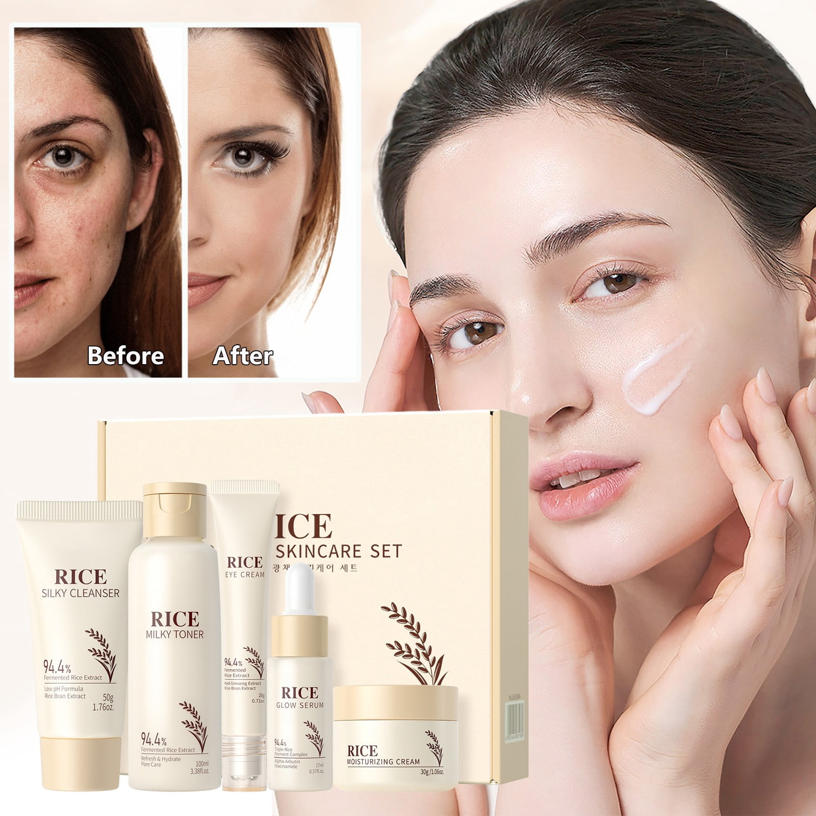 HHBEAUTY Skincare Set, Korean Rice Skin Care Sets & Kits, Cleanser, Toner, Serum, Eye Cream & Moisturizer, Christmas Birthday Gifts for Women Teenage Girls Mom Friend, Travel TSA-friendly Sizes 5pcs