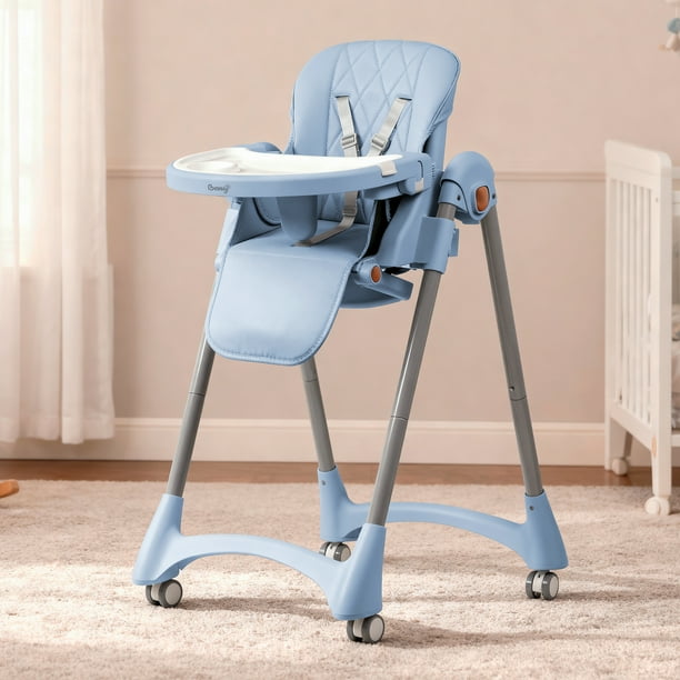Bebbly Silla Alta para Bebé Ajustable con Charola y Respaldo Reclinable Altura Regulable en 6 Niveles Silla de Comer con Arnés de Seguridad y Ruedas, Alimentación y Juego 6 meses a 3 años (Azul)