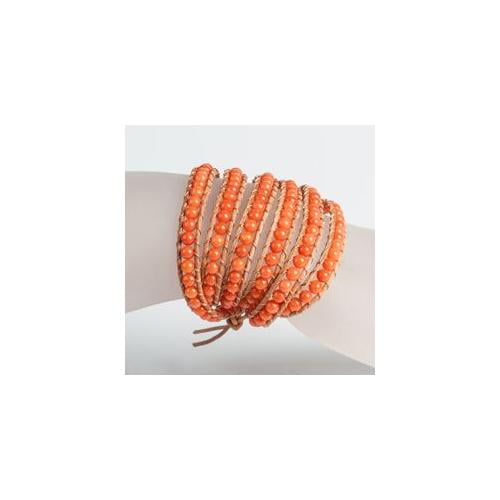 Pack of 2 Tan Leather Wrap Fashion Wristlet Bracelets with Orange Coral Beads by KSA
