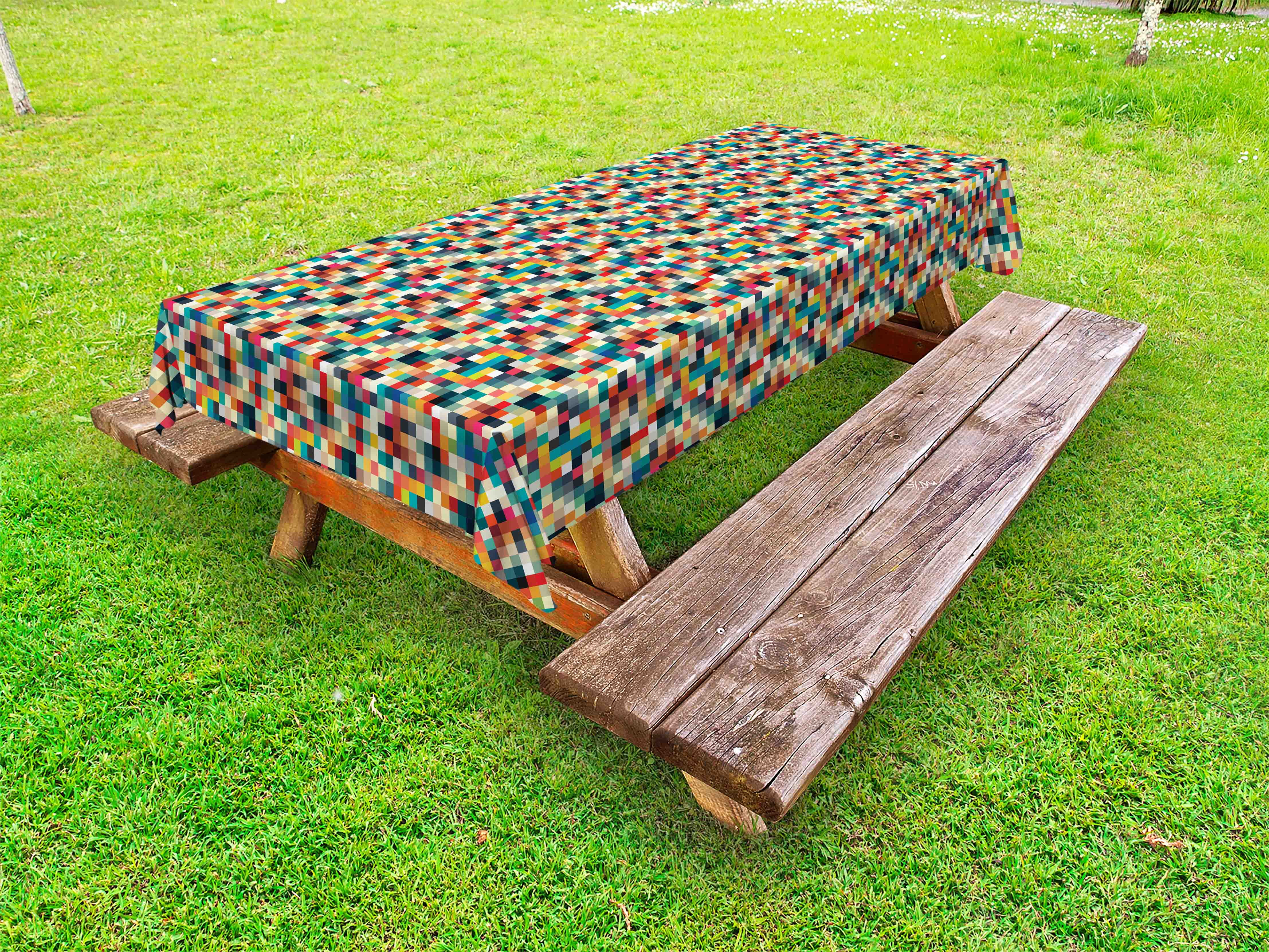 Geometric Outdoor Tablecloth, Pixel Art Inspired Checkered Squares Grid Illustration Colorful