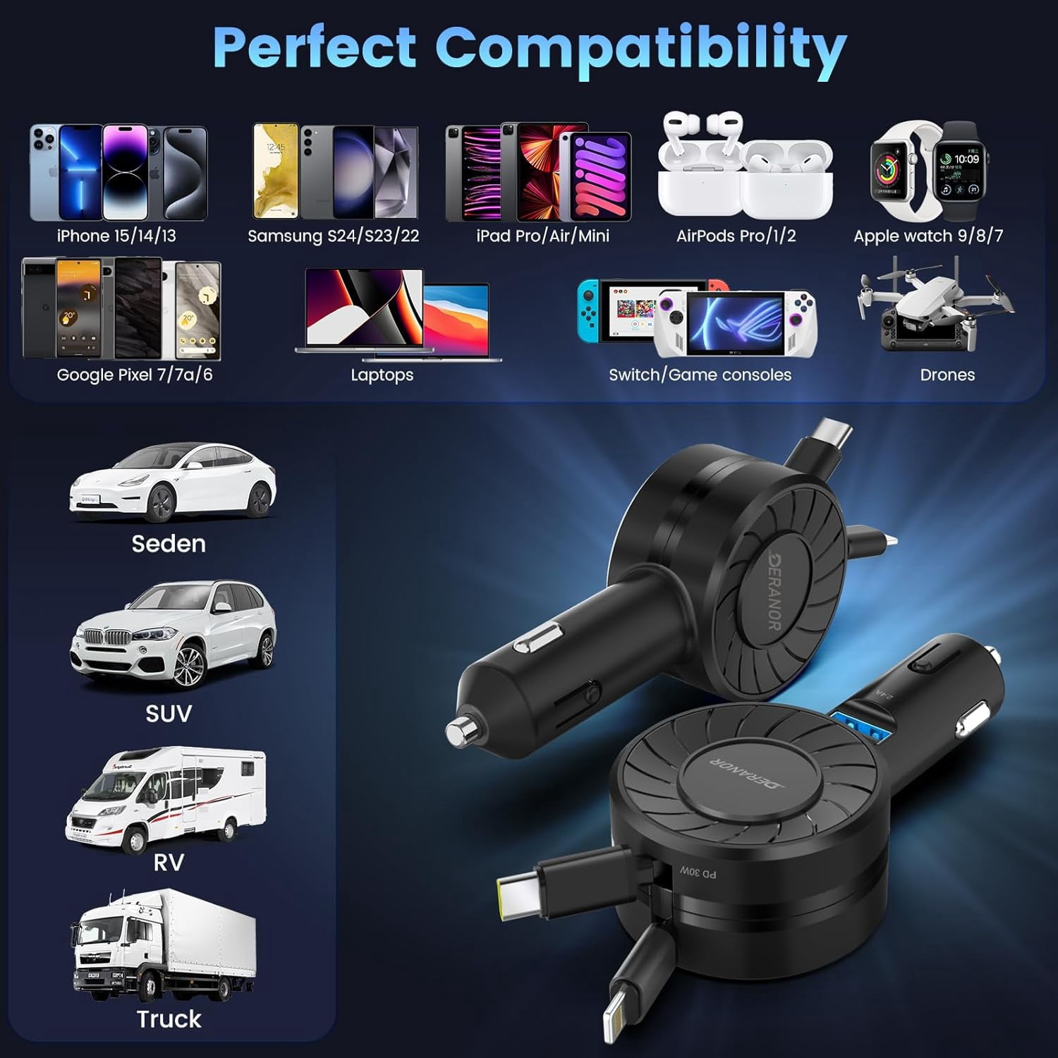 CJBZLCPCOO[2 Pack] Ultra-Small Retractable Car Charger 54W, 3 in 1 Retractable Phone Charger for Car Super Fast Car Charger with Retractable Cord X2 and USB A Charging Port for iPhone 15/14/13,Galaxy
