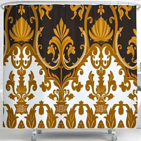 Luxurious Baroque Shower Curtain - Gold-on-Black Acanthus Leaves Design Elegant Bathroom Decor