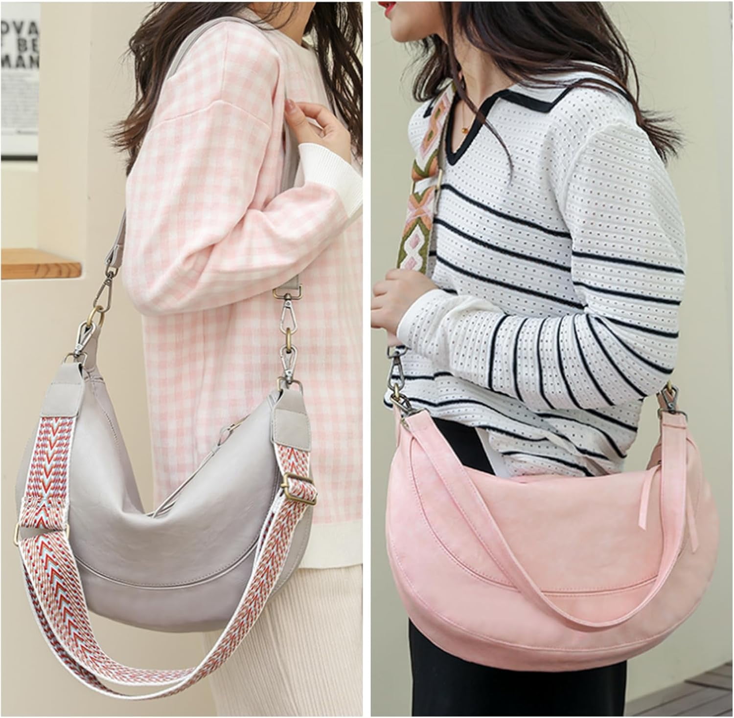 HMSHA Crescent Shoulder Bags for Women Trendy Crossbody Purse Vegan Leather Handbag with Wide Strap for Travel