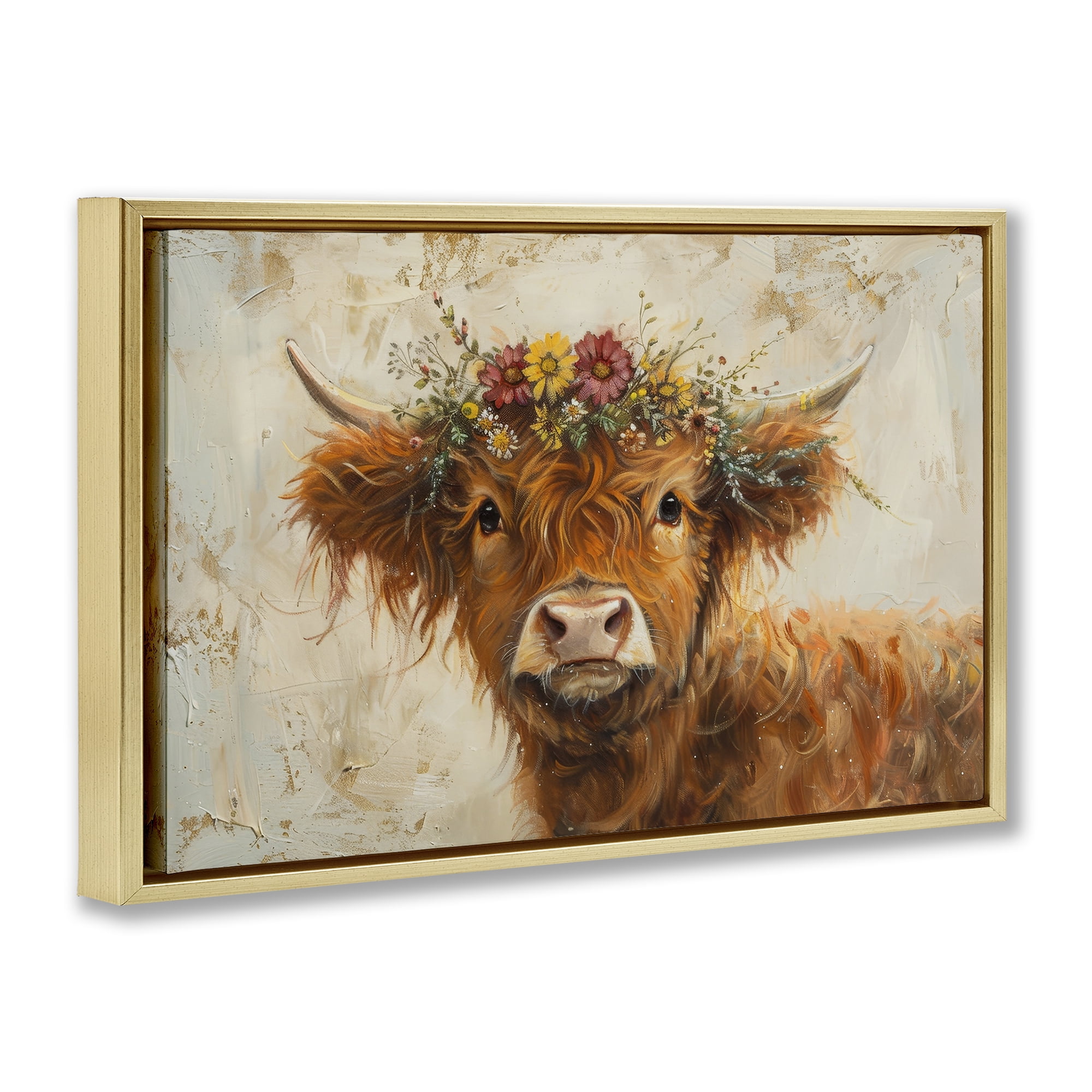 Stupell Industries Floral Crown Highland Animals & Insects Painting Gold Floater Framed Canvas Art Print Wall Art, 31 x 21