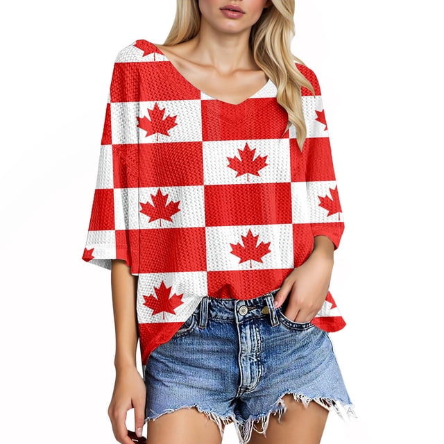 Trendy Plus Size Tops For Summer Celebrations Comfortable Round Neck Texture Design Perfect For Canada Day And Easy To With Jeans