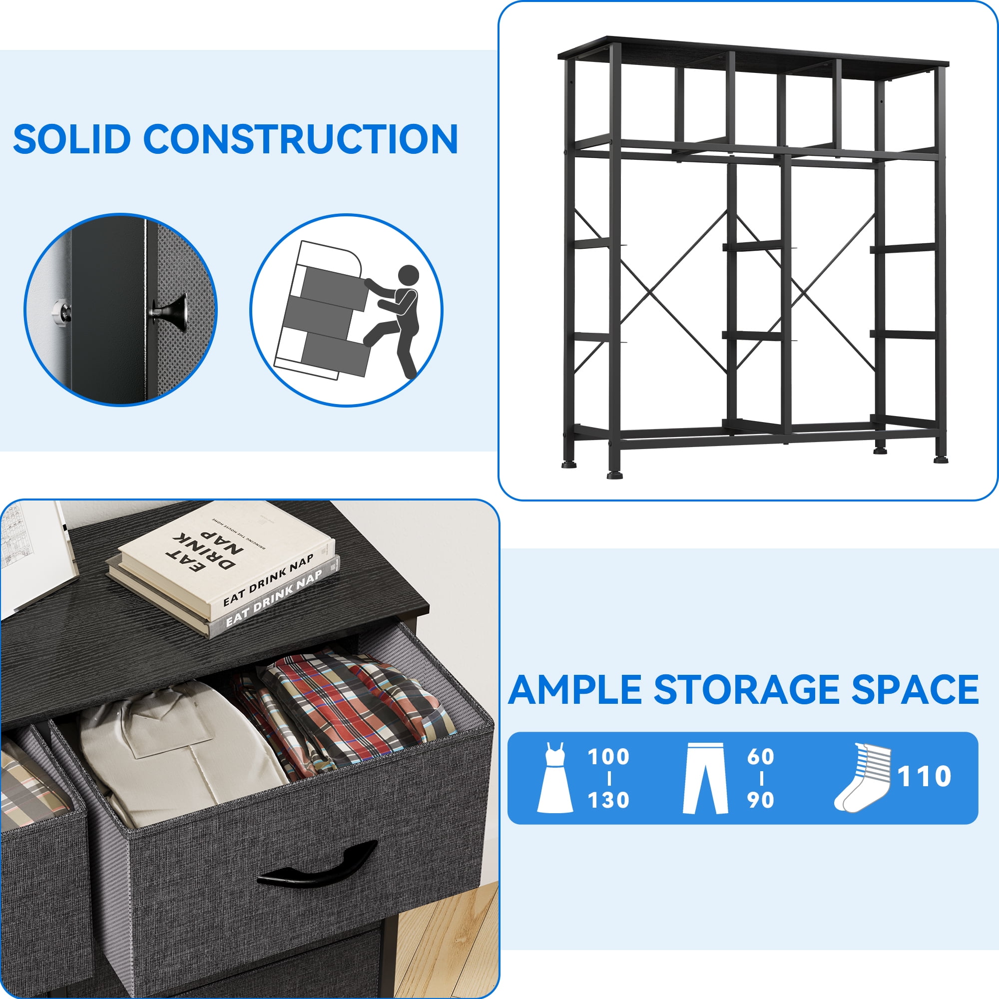 Uforic 9 Drawer Fabric Storage Dresser with Steel Frame for , Living Areas, Hallways, Closets, and Offices, Black Gray