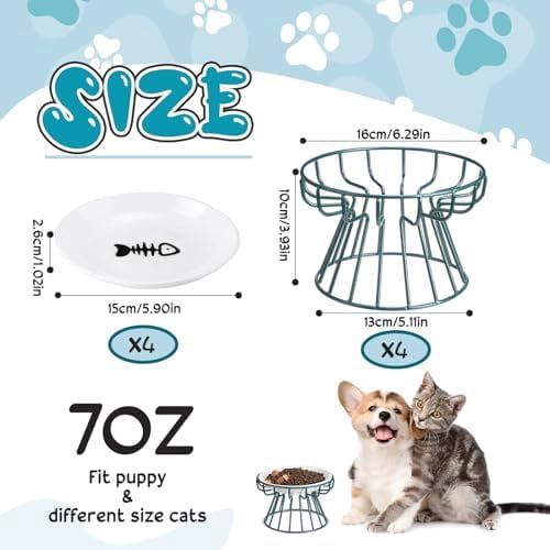 4 Sets Elevated Cat Bowls Ceramic Raised Cat Food Bowls with Metal Stand Dishwasher Safe Dishes Non Slip Elevated Food Plate(Black, Green,Fishbone, Paw)