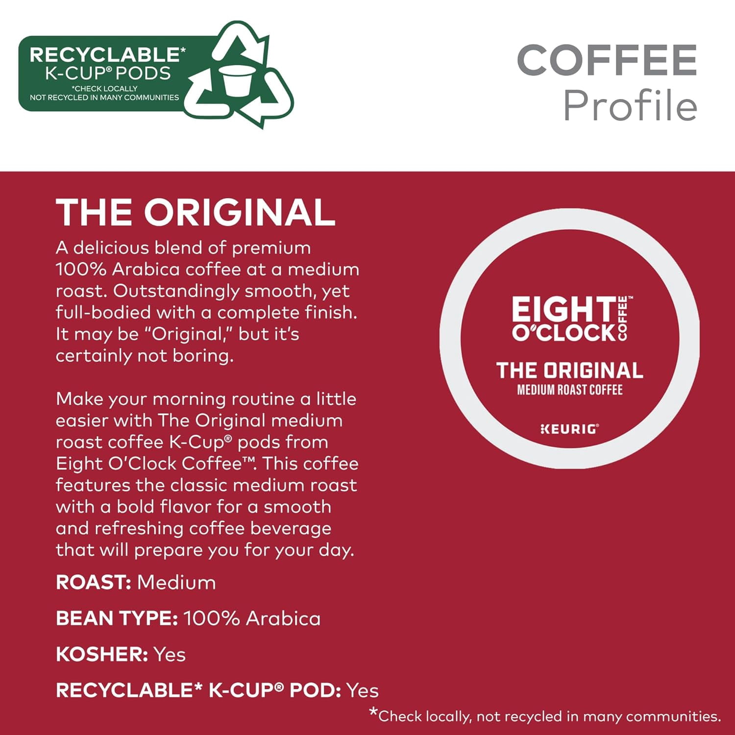 Eight O'Clock Coffee The Original, Single-Serve Keurig K-Cup Pods, Medium Roast Coffee Pods, 96 Count