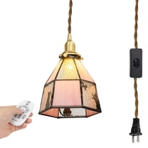 Kiven Plug in Pendant Light, Farmhouse Hanging Light Fixture with Remote and Stained Glass Lampsade, E26 Socket Dimmable Pendant Light for Bedroom Hallway Kitchen DZ0489