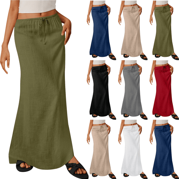 Skirts for Women Lightweight Summer Solid Color Maxi Drawstring Elastic Waist Casual Vacation Linen Skirt