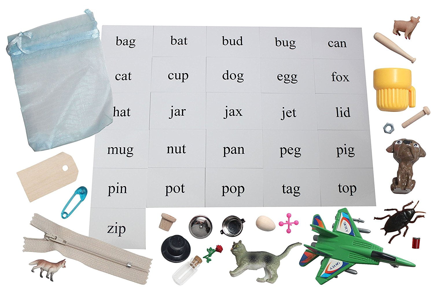 CVC Alphabet Object Set - FULL SET - CVC Words Alphabet Objects and Cards -  Language Tubs Miniatures- Montessori Miniture Objects for CVC Words -  