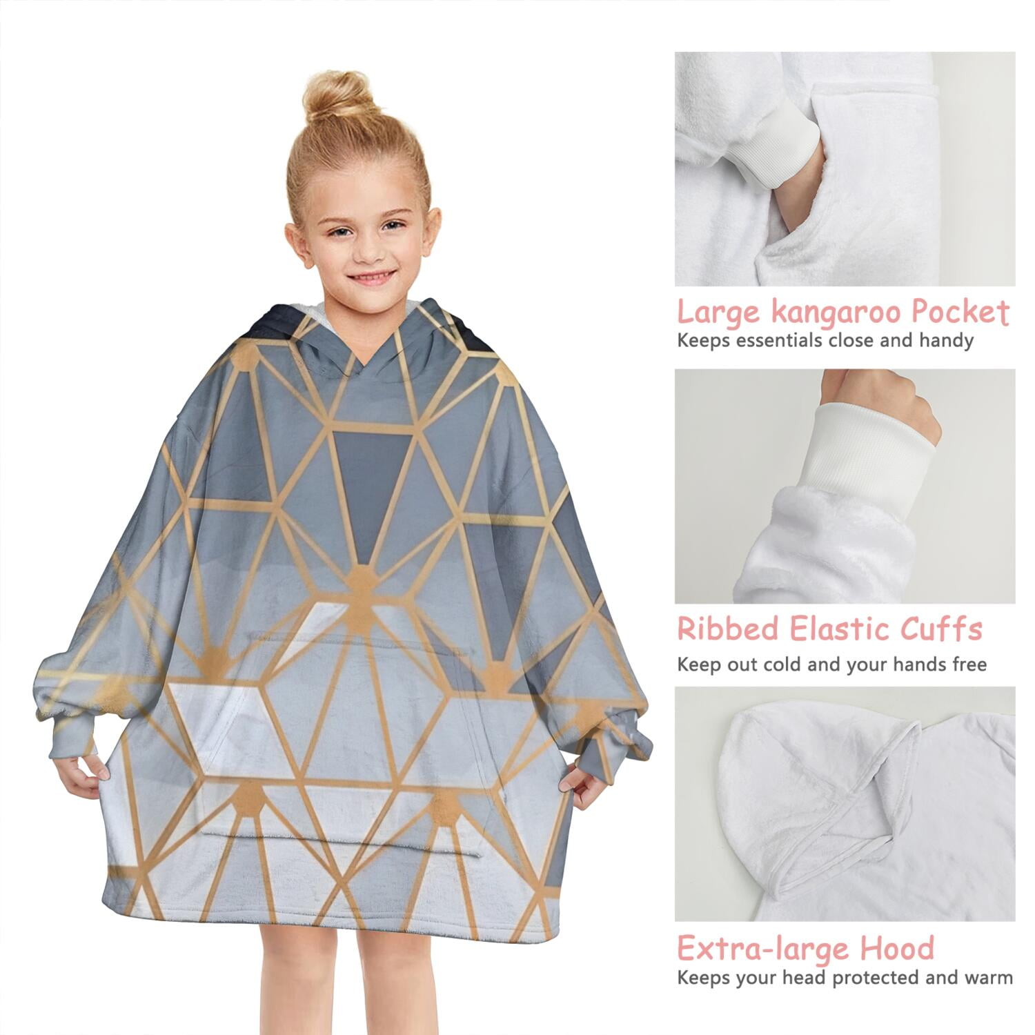 Gold Black Checkered Pattern Blanket Hoodies for Kids 6-13YR Oversize Wearable Blanket Hoodies for Boys Girls Teens